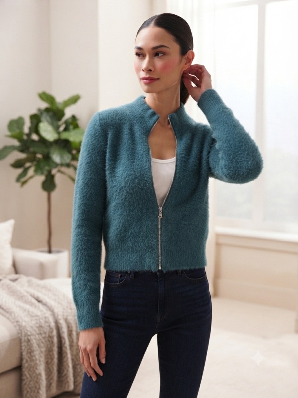 Sincerely Jules Fuzzy Teal Blue Zip-Front Cropped Cardigan Sweater - Size S